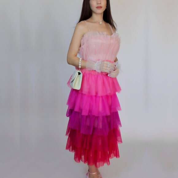 Tulle Tiered Midi Strap Ombre Pink Dress - Picture 2 of 6